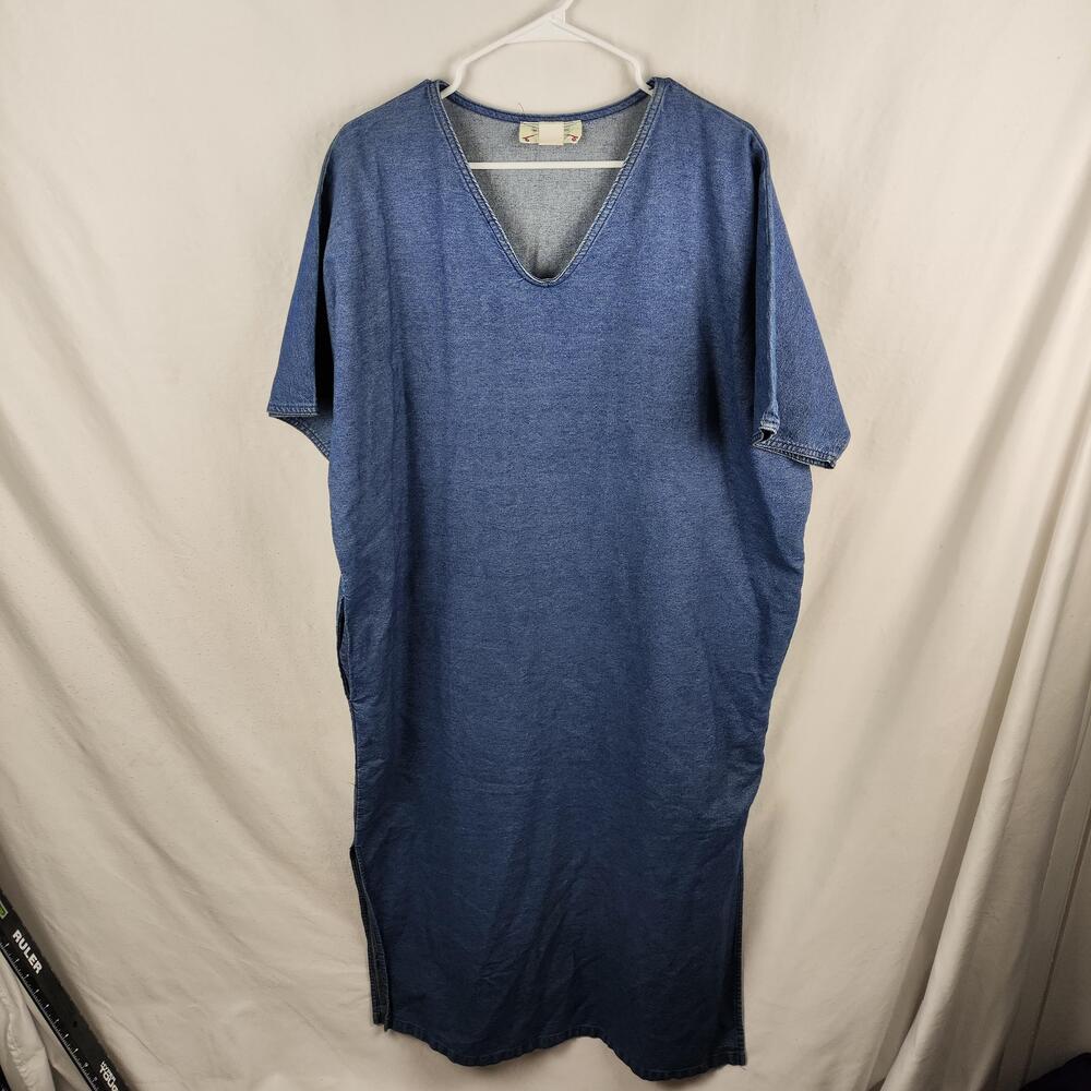 Vintage Orvis Dress Womens S/M Blue Denim Kaftan Maxi V Neck Side Slit USA